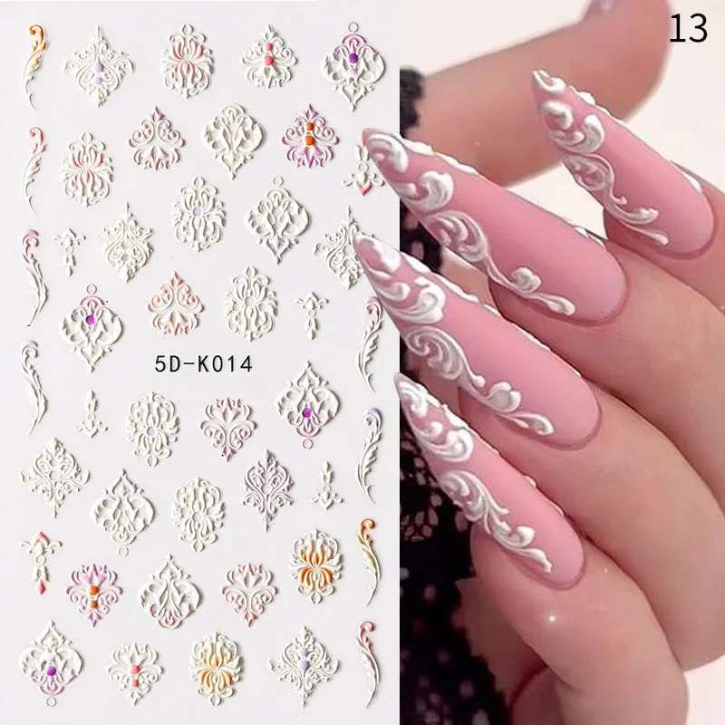 1PC French 5D Nail Sticker Embossed Flower Bubble Pattern Self-Adhesive Slider Wedding Design Nails Decals Nail Art Decoration-Nail Inspo