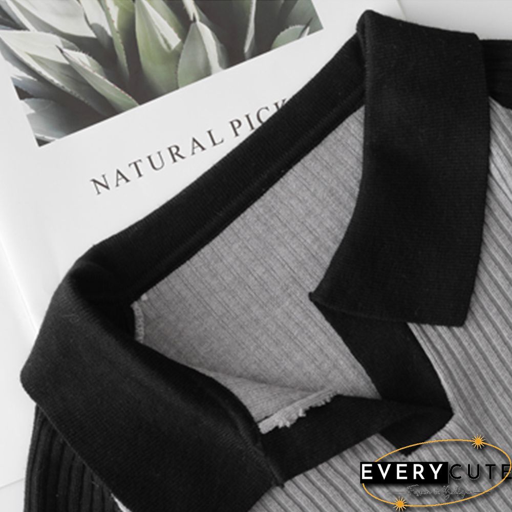 Turn-Down Collar Long Sleeve T-Shirts Women Patchwork Trendy Korean Style Streetwear Outwear Knitted Loose Chic Vintage Stretchy