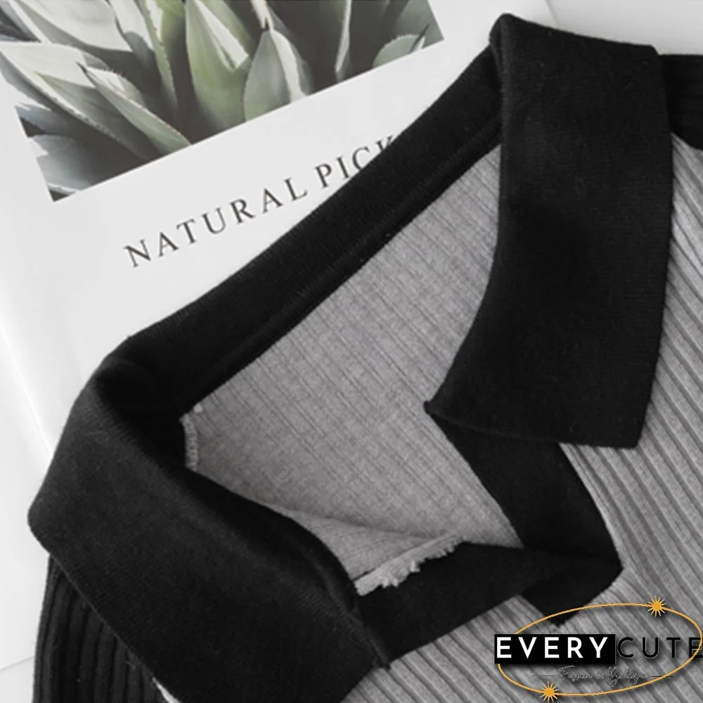 Turn-Down Collar Long Sleeve T-Shirts Women Patchwork Trendy Korean Style Streetwear Outwear Knitted Loose Chic Vintage Stretchy