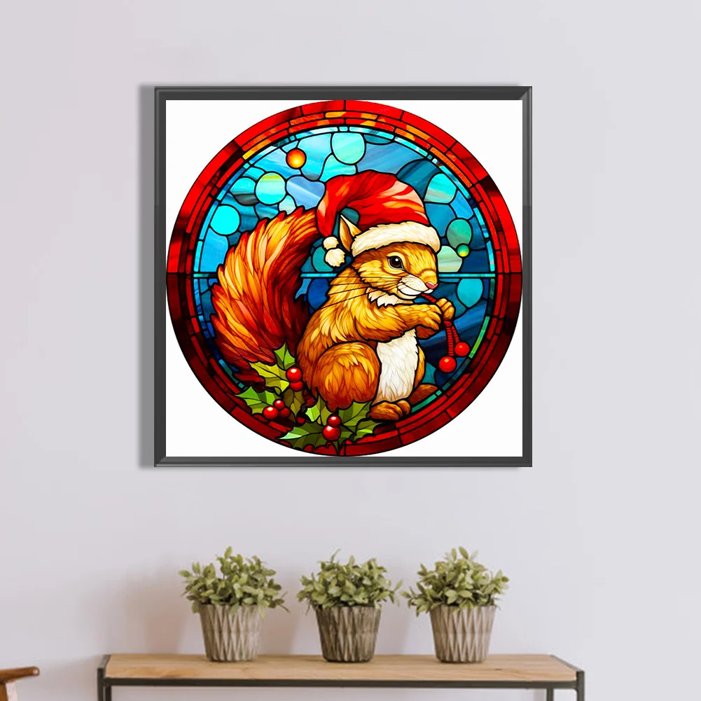 Diamond Painting - Full Round Drill - Stained Glass Xmas Squirrel(Canvas|40*40cm)