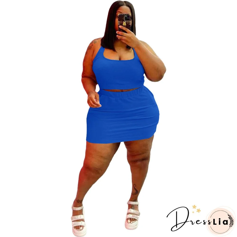 Plus Size Summer Solid Women Square Neck Sleeveless Crop Top+Elastic Waist Mini Skirt 2 Piece Set