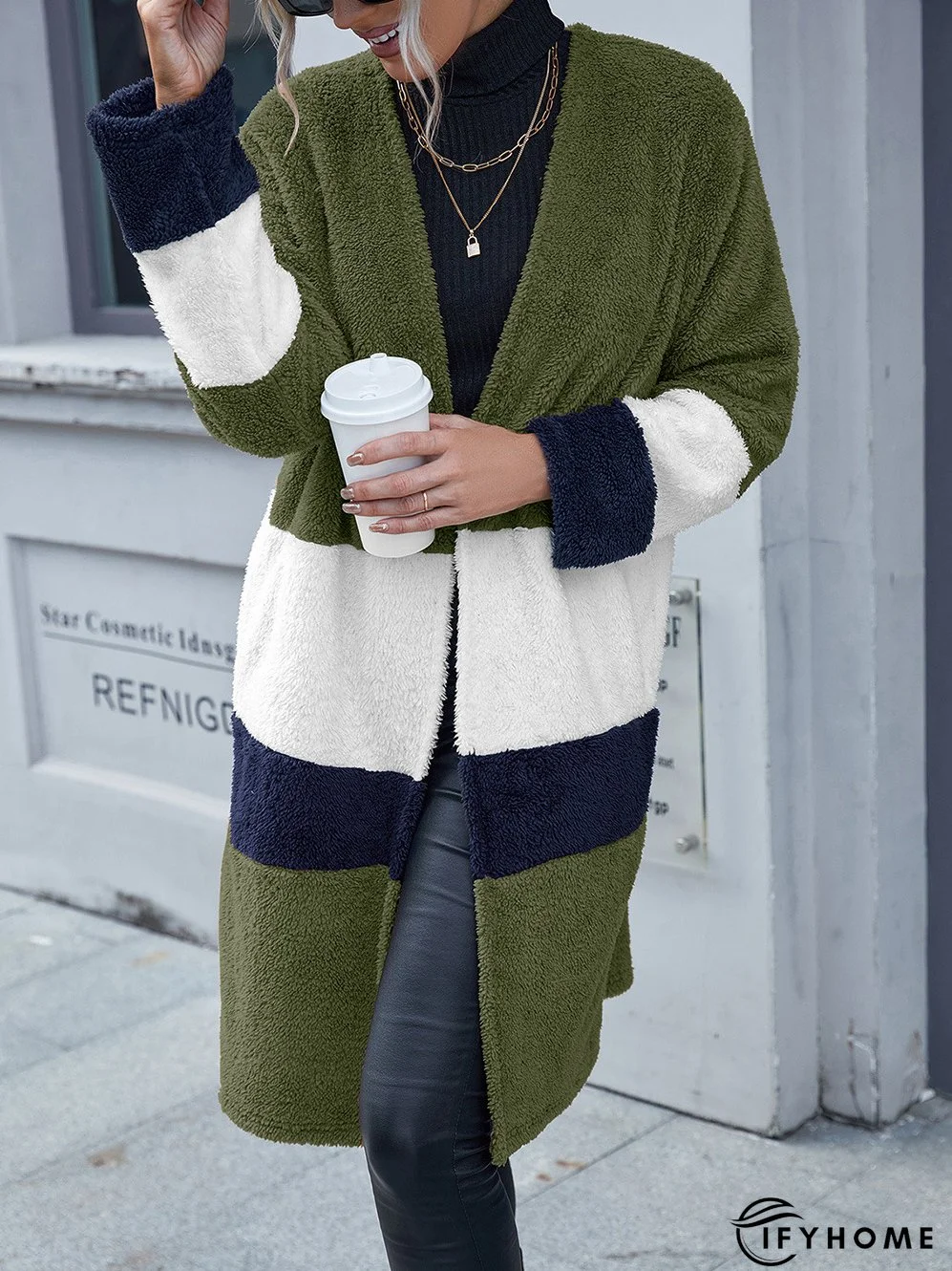 Woolen Cloth Color Matching Casual Loose Mid-length Ladies Coats | IFYHOME