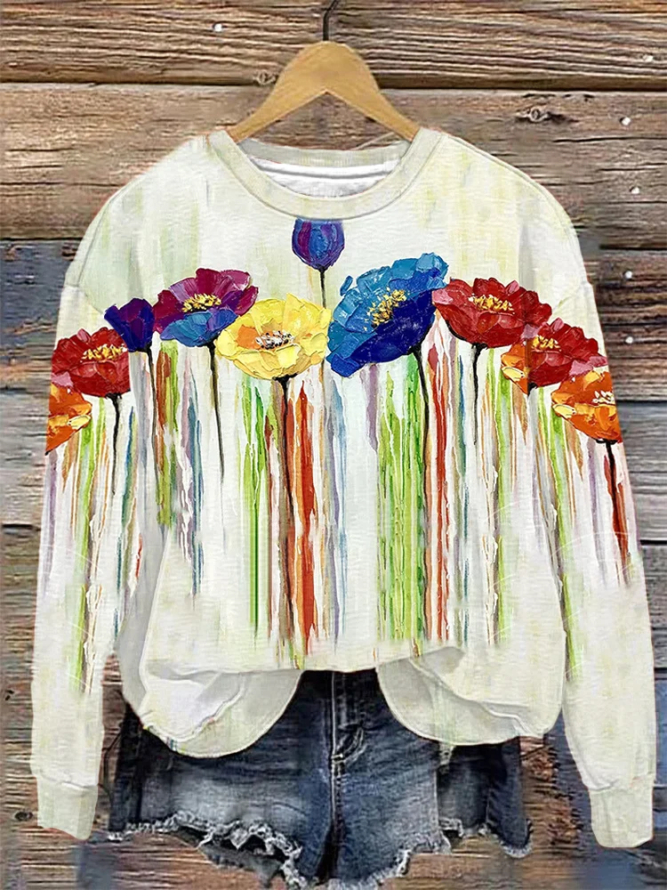 Oil Painting Floral Printed Casual Sweatshirt