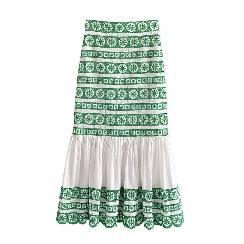 PUWD Casual Woman Green Embroidery Cotton Mermaid Skirt 2021 Fashion Female Beach Skirts Ladies High Waisted Skirt