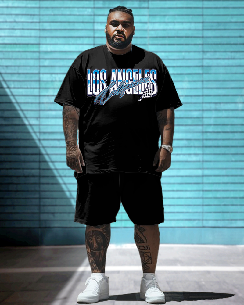 Front And Rear Printed Cool Car Letter T-shirt Shorts Suit Men's Plus Size