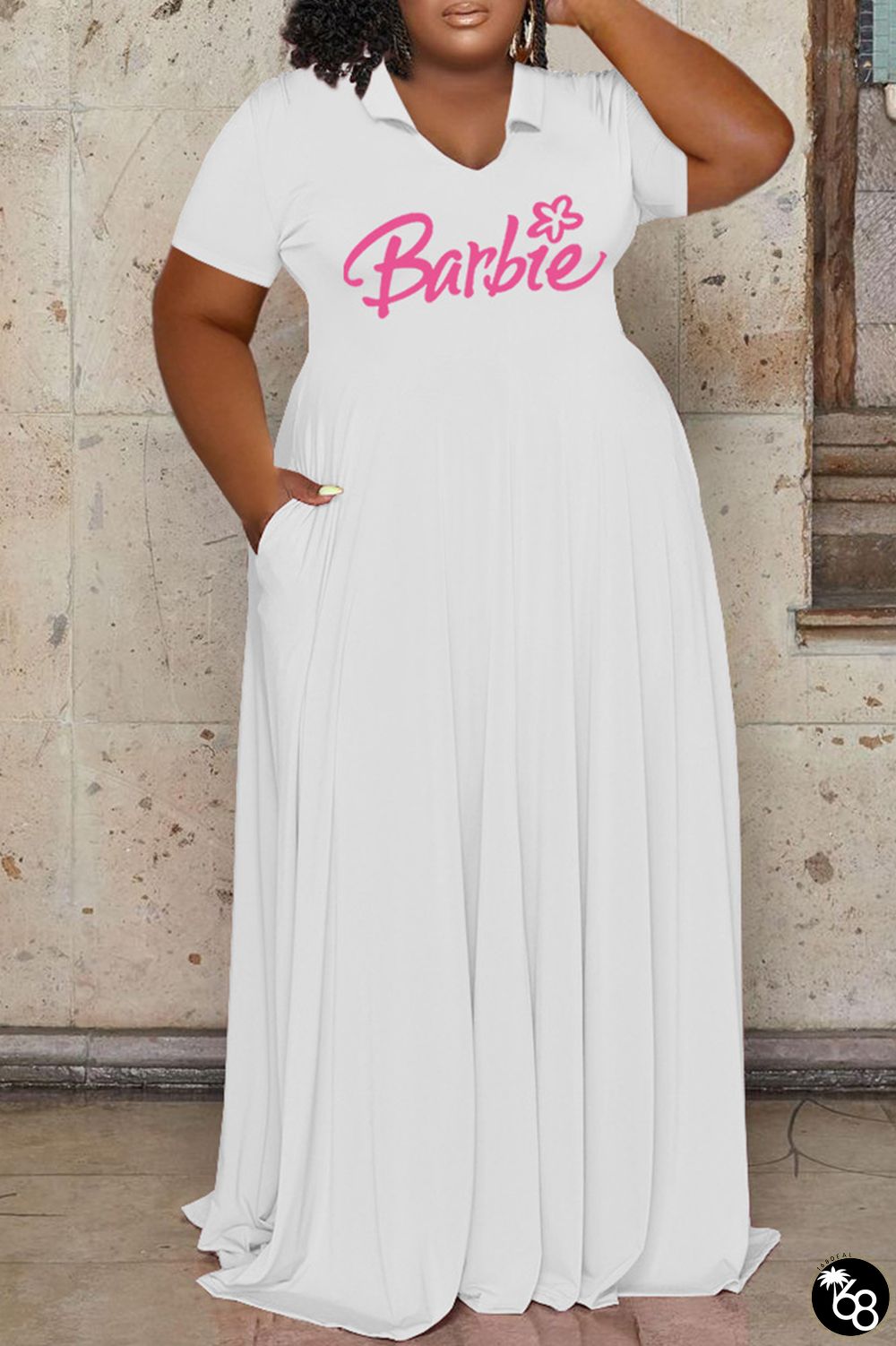White Casual Letter Print Basic V Neck Short Sleeve Dress Plus Size Dresses | 168DEAL