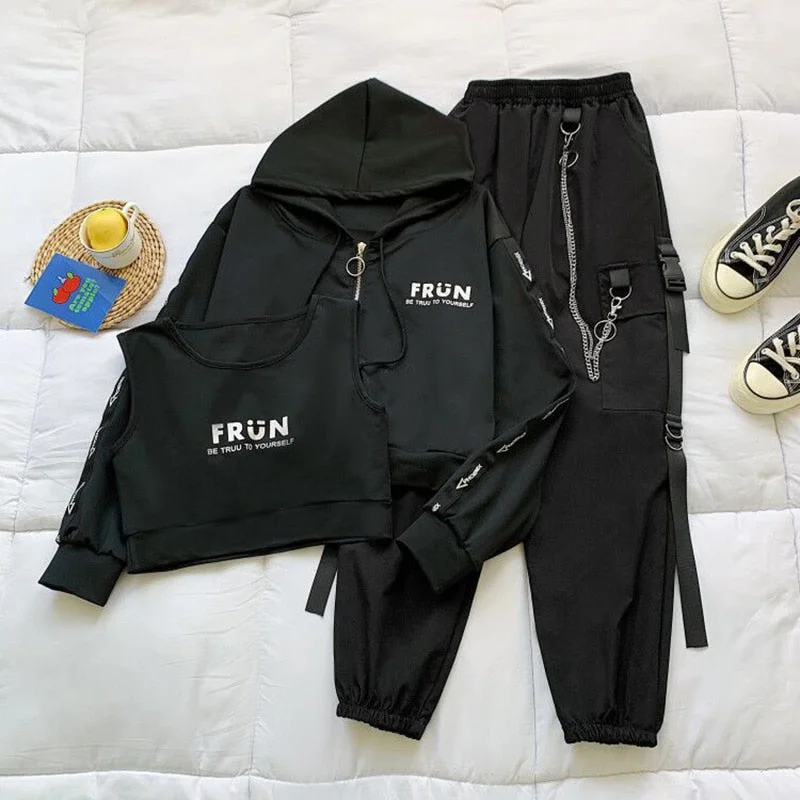 2021 Spring Chain Cargo Pants Female 2 piece Hooded Sweatshirt+Joggers Women Letter Printed Black Set Wemon