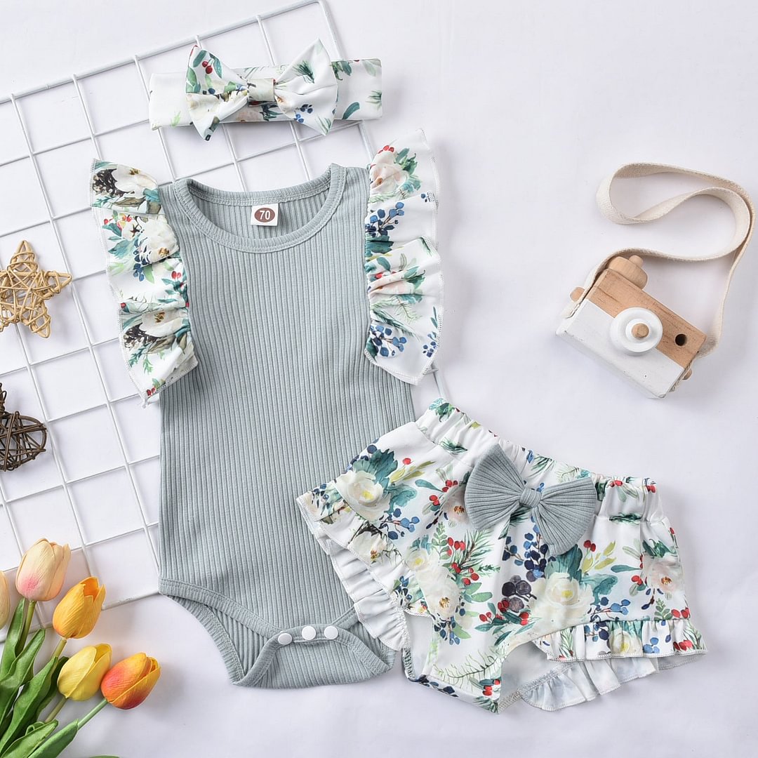 3PCS Pretty Solid Floral Printed Baby Set