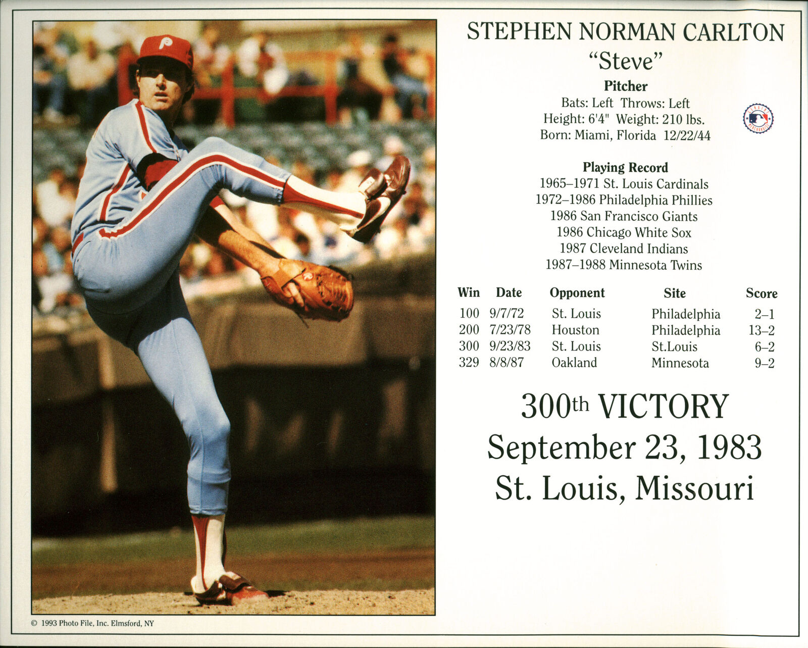 Phillies Steve Carlton 8x10 Photo Poster paintingFile 300th Victory Photo Poster painting Un-signed