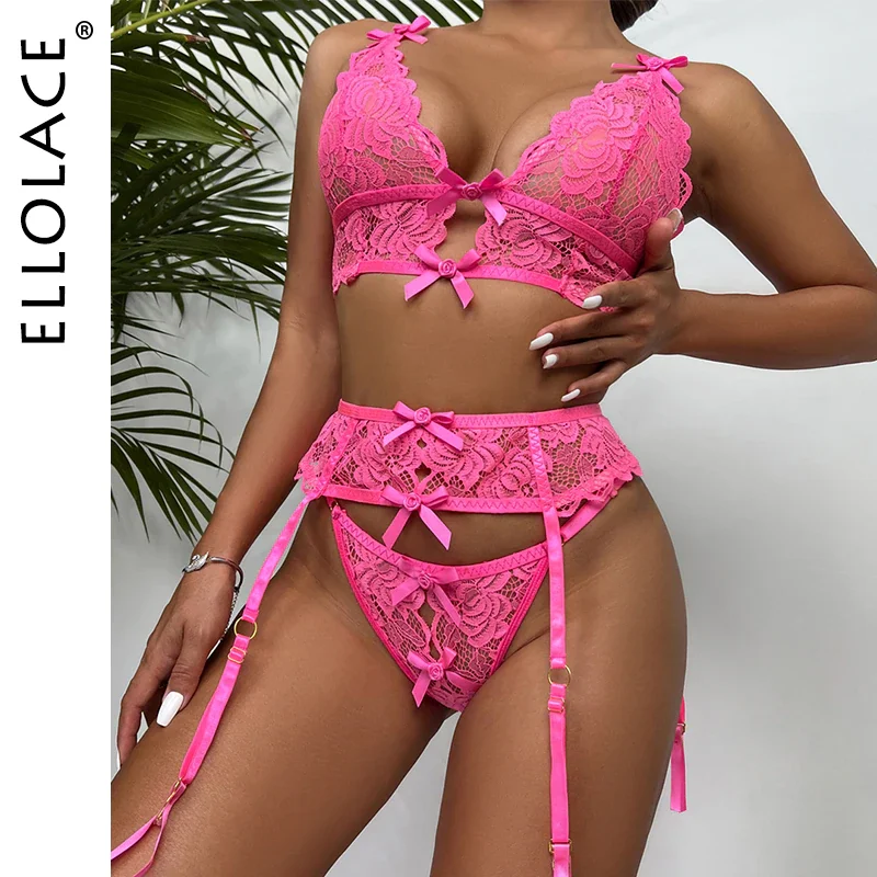 Billionm Pink Lingeries Fancy Underwear Woman Sex 3-Pieces Transparent Bra Female Set Luxury Lace See Through Erotic Hot Outfit