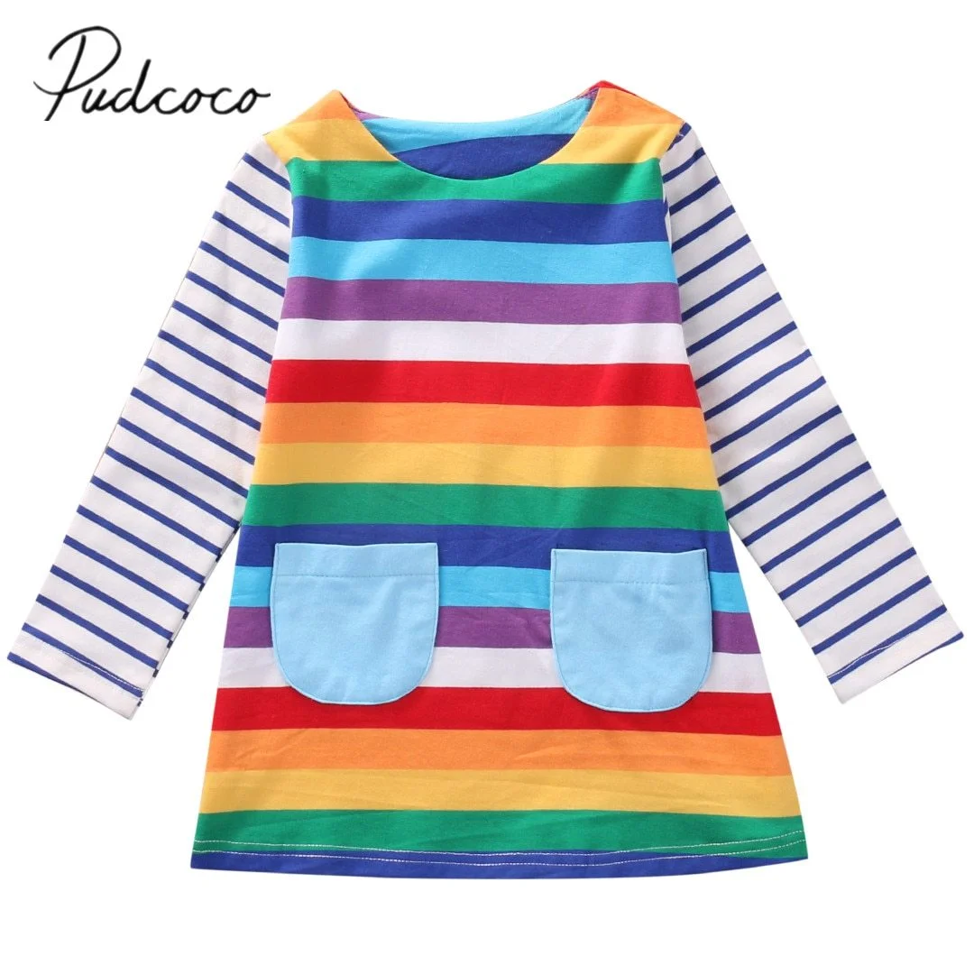 2018 Brand New 2-7Y Toddler Kids Baby Girls Dress Rainbow Striped Print Long Sleeve Pocket Knee-Length Colorful Causal Dress