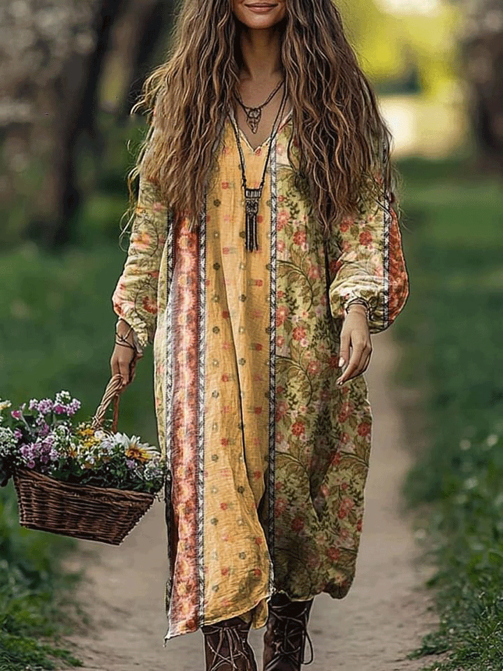Women's Floral Patchwork Pattern Art Print Pocket Cotton V-neck Long Sleeve Dress