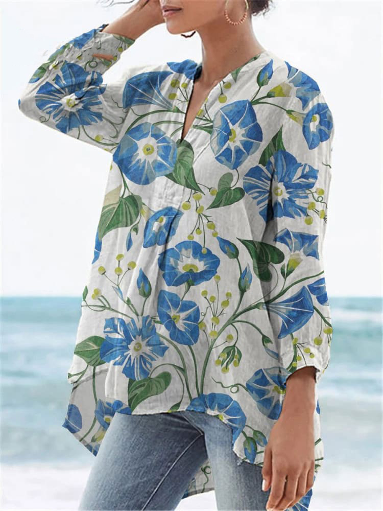 Women's  Flower Print Casual Linen V-neck Shirt