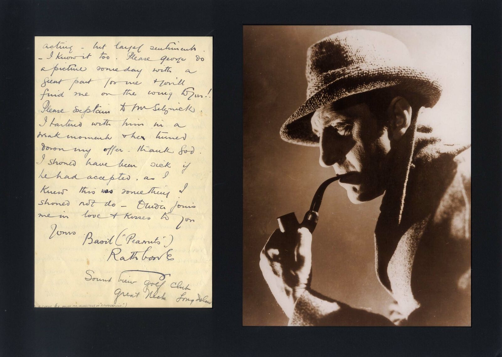 SHERLOCK HOLMES Basil Rathbone autograph, handwritten letter signed & mounted