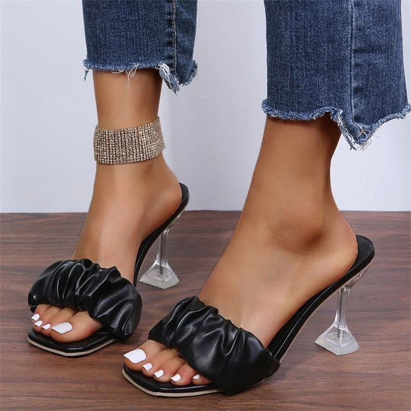 vstacam 2023 Summer New Sandals Women's Large Size Square Head Wine Glass With Folds One Word Outside Wear High Heel Sandals Women