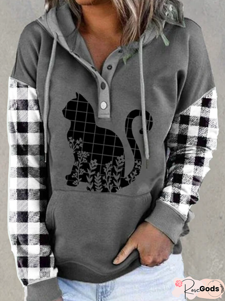 Long Sleeve Round Neck V-Neck Hooded Geometric Plaid Animal Cat Print Top Women's Sweater