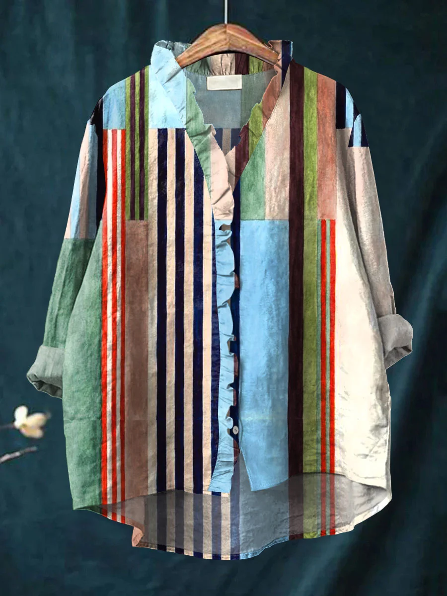 Women's Vintage Abstract Geometric Art Print Casual Cotton And Linen Ruffle Shirt