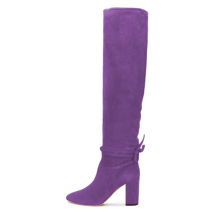 Purple Suede Long Boots Chunky Heel Knee-high Boots |FSJ Shoes