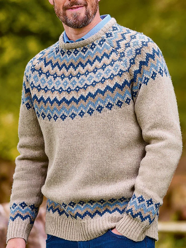 Vintage Lambswool Knit Jacquard Crew Neck Sweater（Unisex）