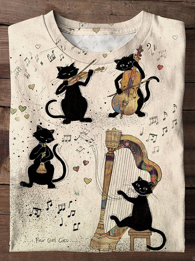 Christmas Vintage Musical Cat Print T-shirt