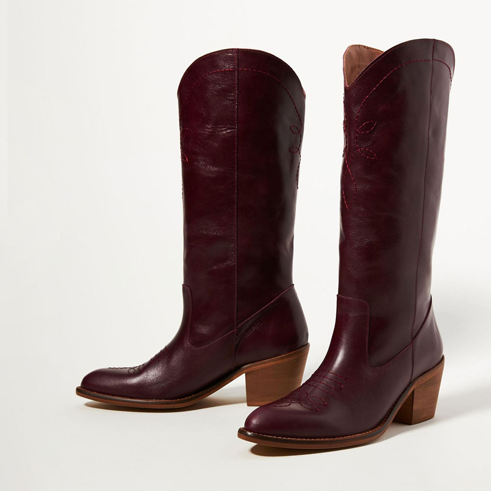 Maroon Round Toe Chunky Heel Stitching Mid-Calf Cowgirl Boots Nicepairs