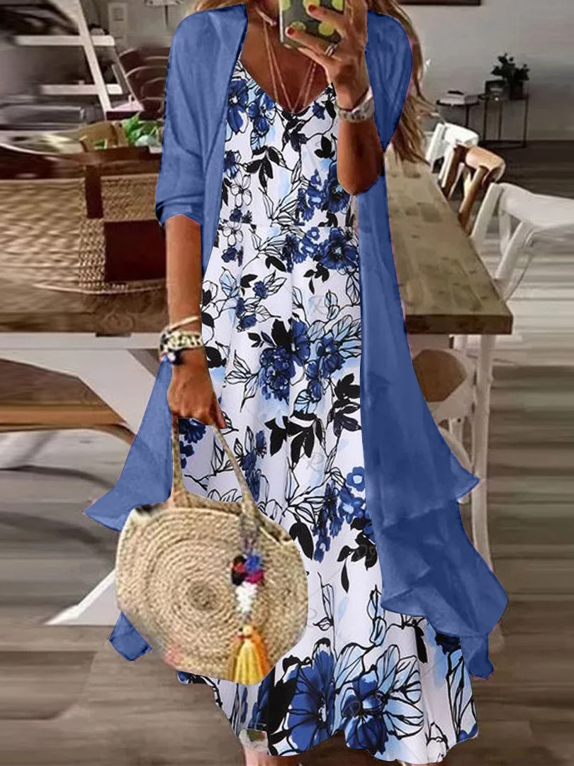 Women Long Sleeve V-neck Floral Printed Two-Piece Midi Dress