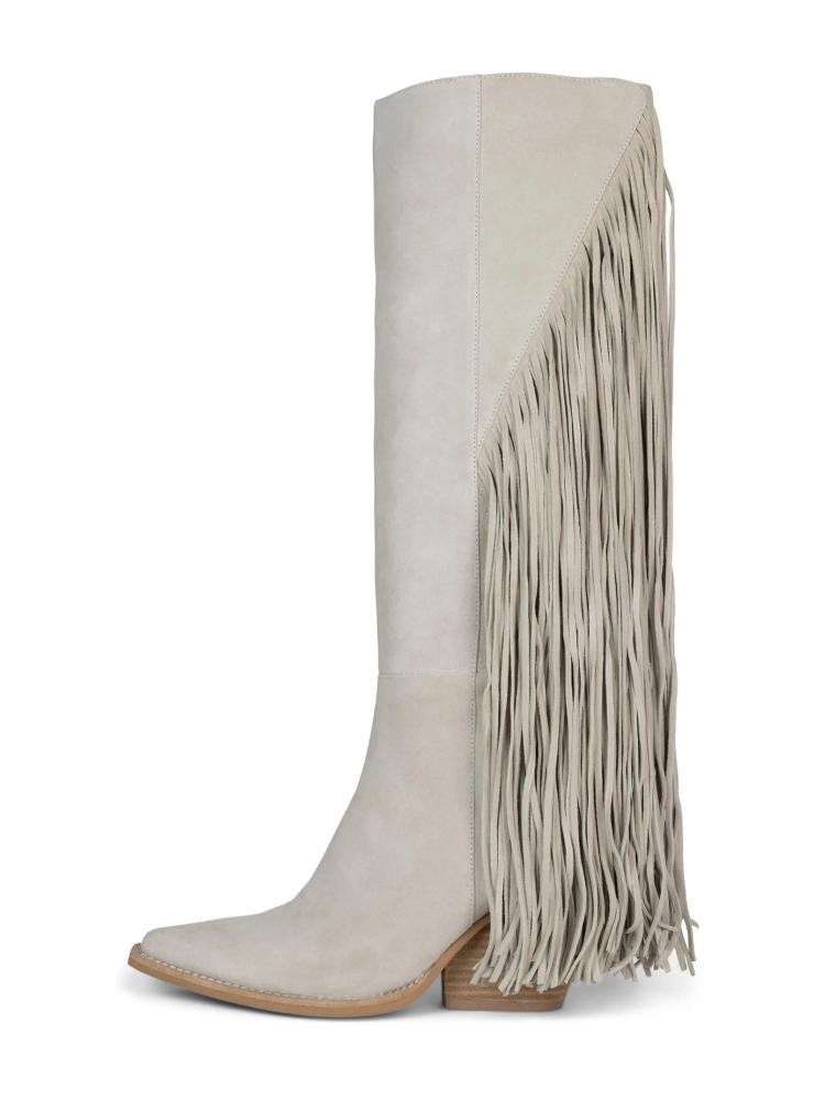 Fashion Fringe Nubuck Pointed Toe Western Chunky Heel Knee High Chelsea Boots