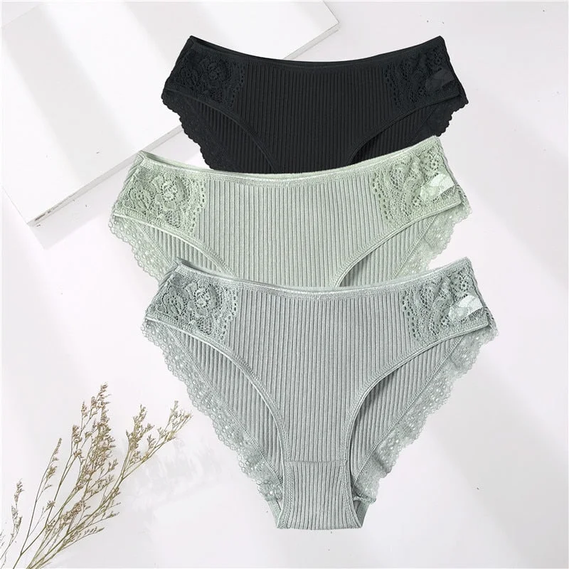 FINETOO 3PCS/Set M-XXL Cotton Underwear Women's Panties Comfort Underpants Floral Lace Briefs For Woman Sexy Low-Rise Intimates