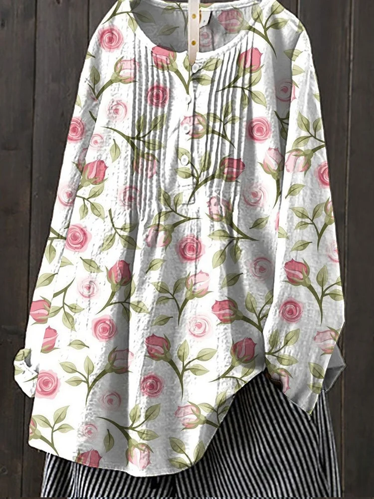 Women's Rose Flower Print Casual Cotton And Linen Shirt