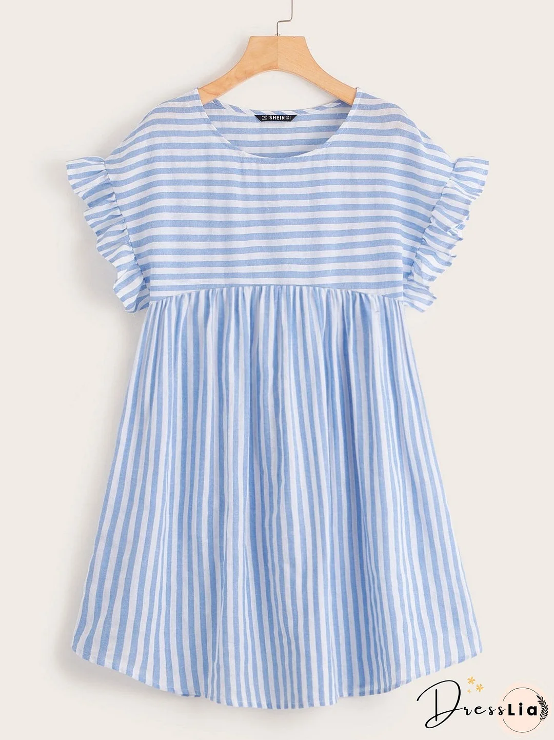 Plus Ruffle Cuff Two Tone Striped Smock Dress
