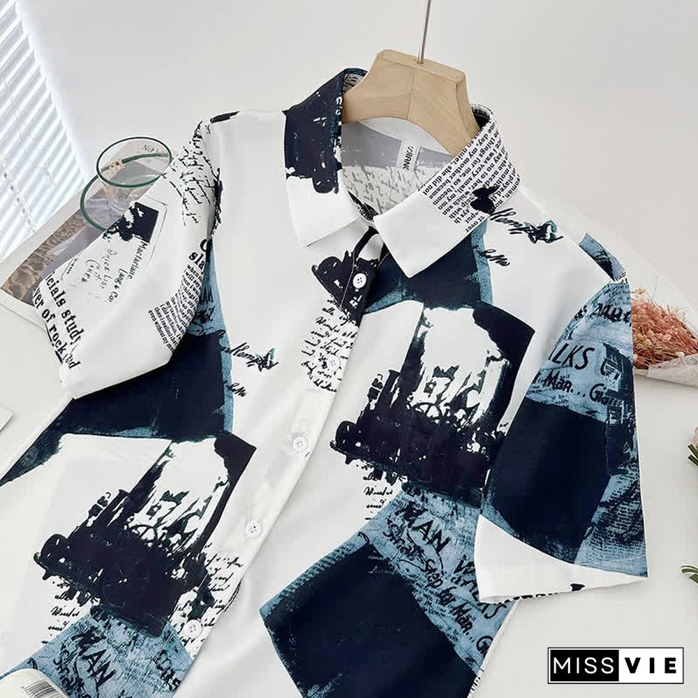 Cartoon Print Lapel Short Sleeve Loose Shirt