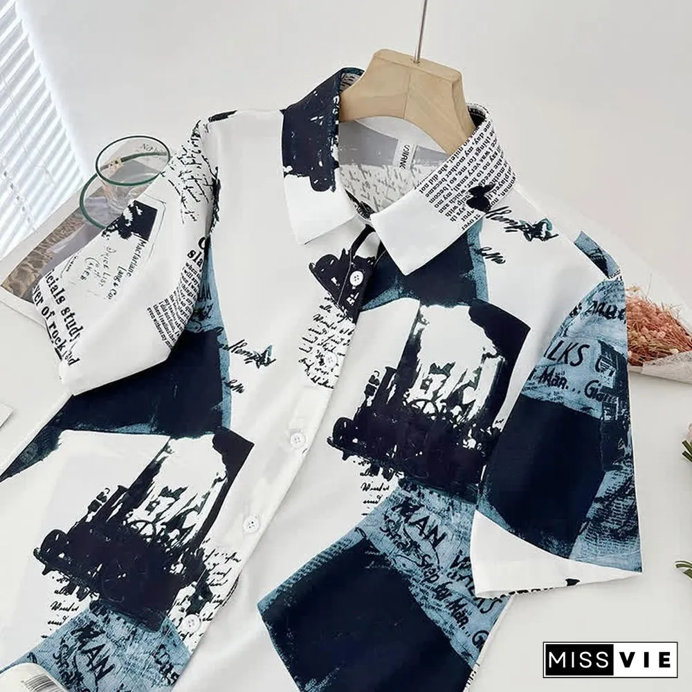 Cartoon Print Lapel Short Sleeve Loose Shirt