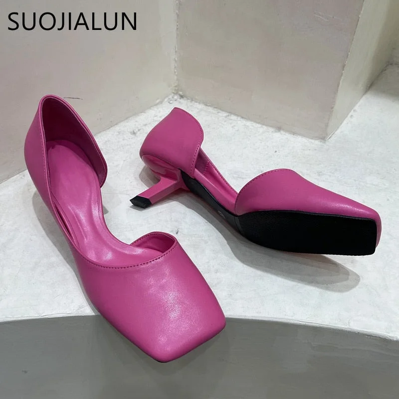 SUOJIALUN 2022 Spring New Women Pumps Sandal Ladies Elegant Low Kitten Heel Dress Shoes Square Toe Shallow Pumps Shoes for Work