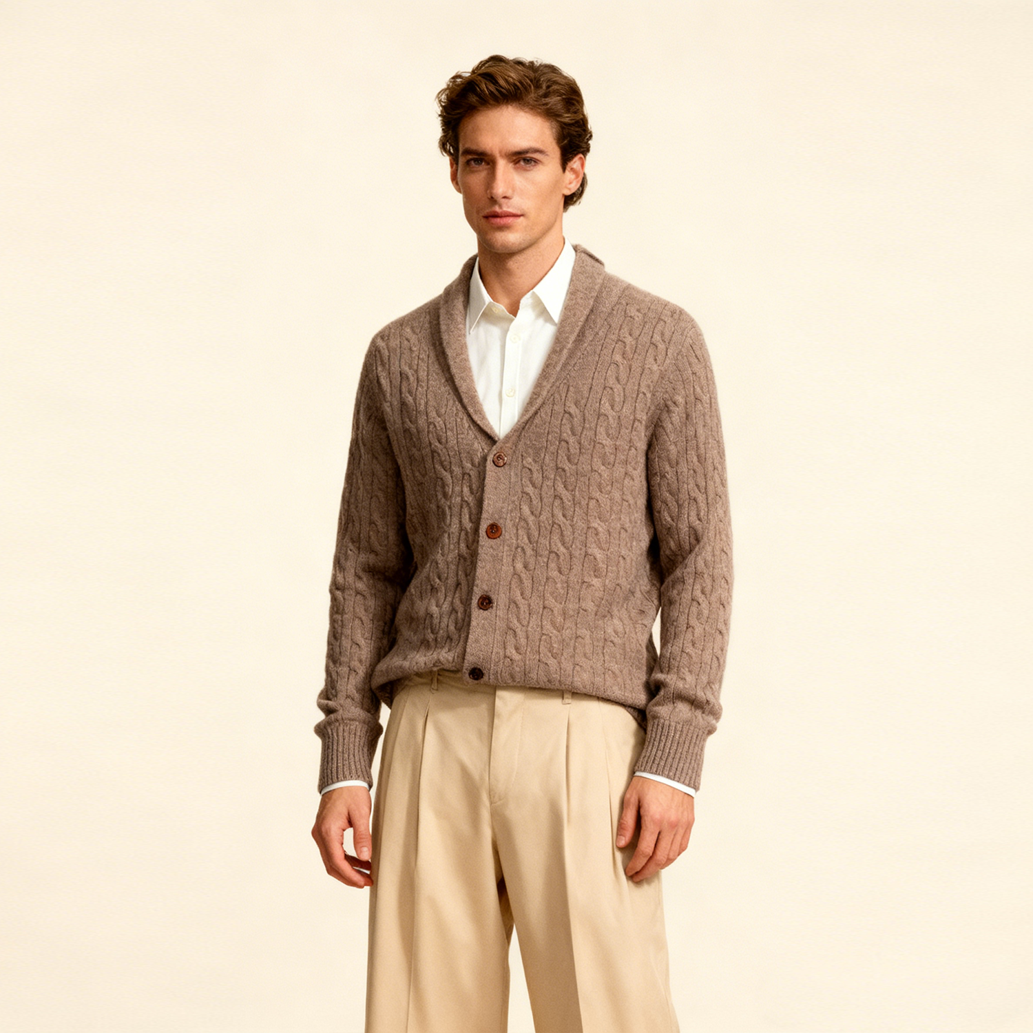 Men's Cable Knit Cashmere Cardigan  REAL SILK LIFE