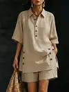 Women's Elegant Plus Size Solid Color Short-Sleeve Shirt Loose Pants Two-Piece Set