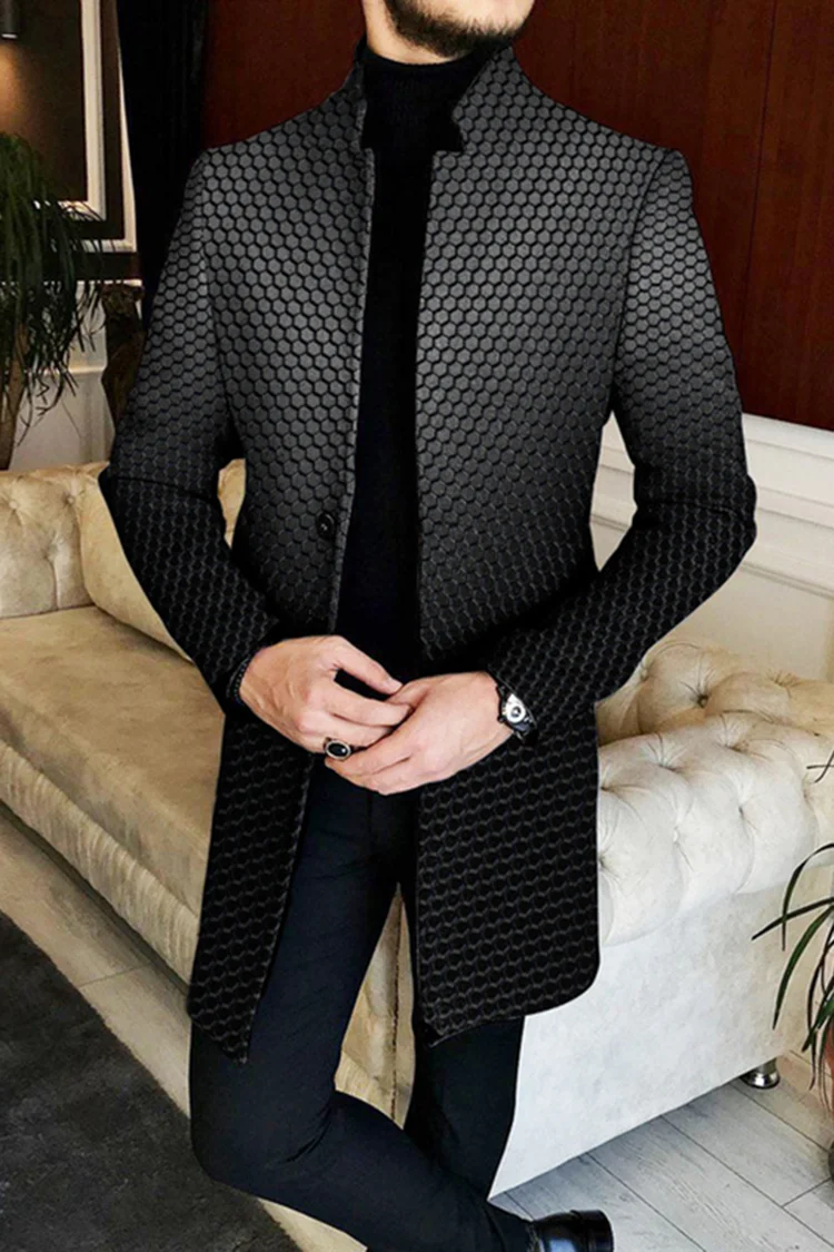 Tiboyz Men's Dark Pattern Gradient Standing Collar Mid-Length Coat