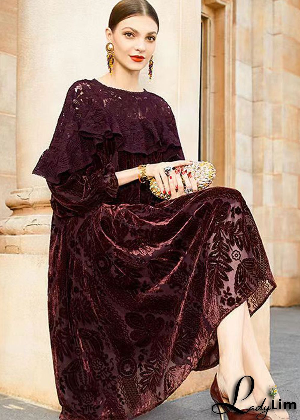 Classy Dull Red Lace Jacquard Patchwork Silk Velour Dresses Fall