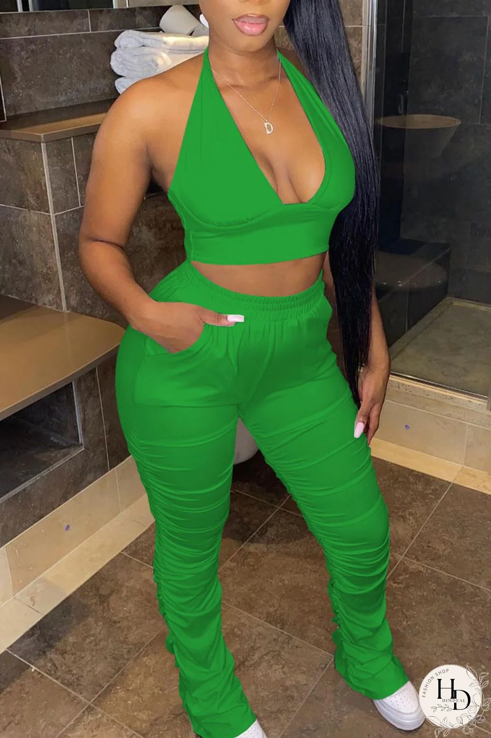 Tangerine Red Casual Solid Bandage Split Joint Backless Halter Sleeveless Two Pieces