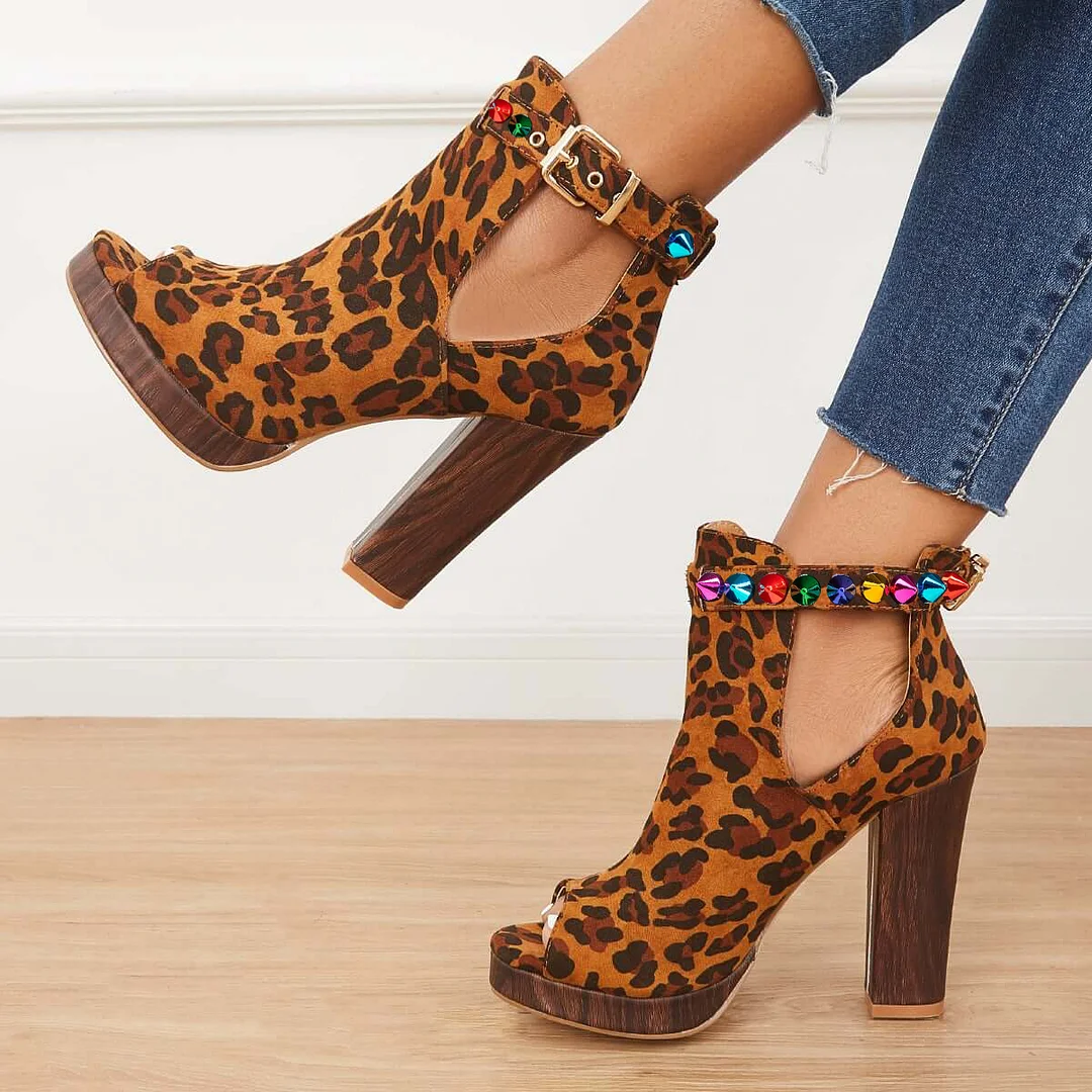 Brown Open Toe Leopard Suede Ankle Boot With Chunky Heel