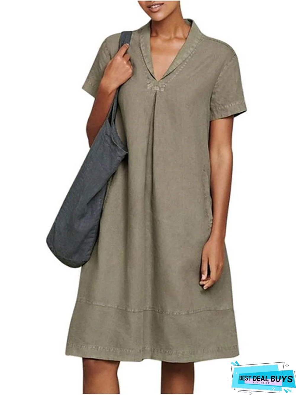 Women's Shift Dress - Short Sleeves Solid Color Summer Elegant Black Army Green Light Blue Linen
