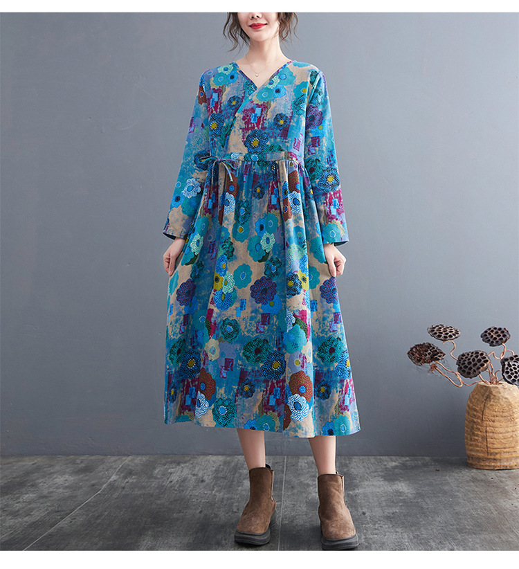 2022 New Arrival Korea Style Vintage  Blouse Dress Print Floral Cotton Linen Office Lady Work Dress Women Casual Dress