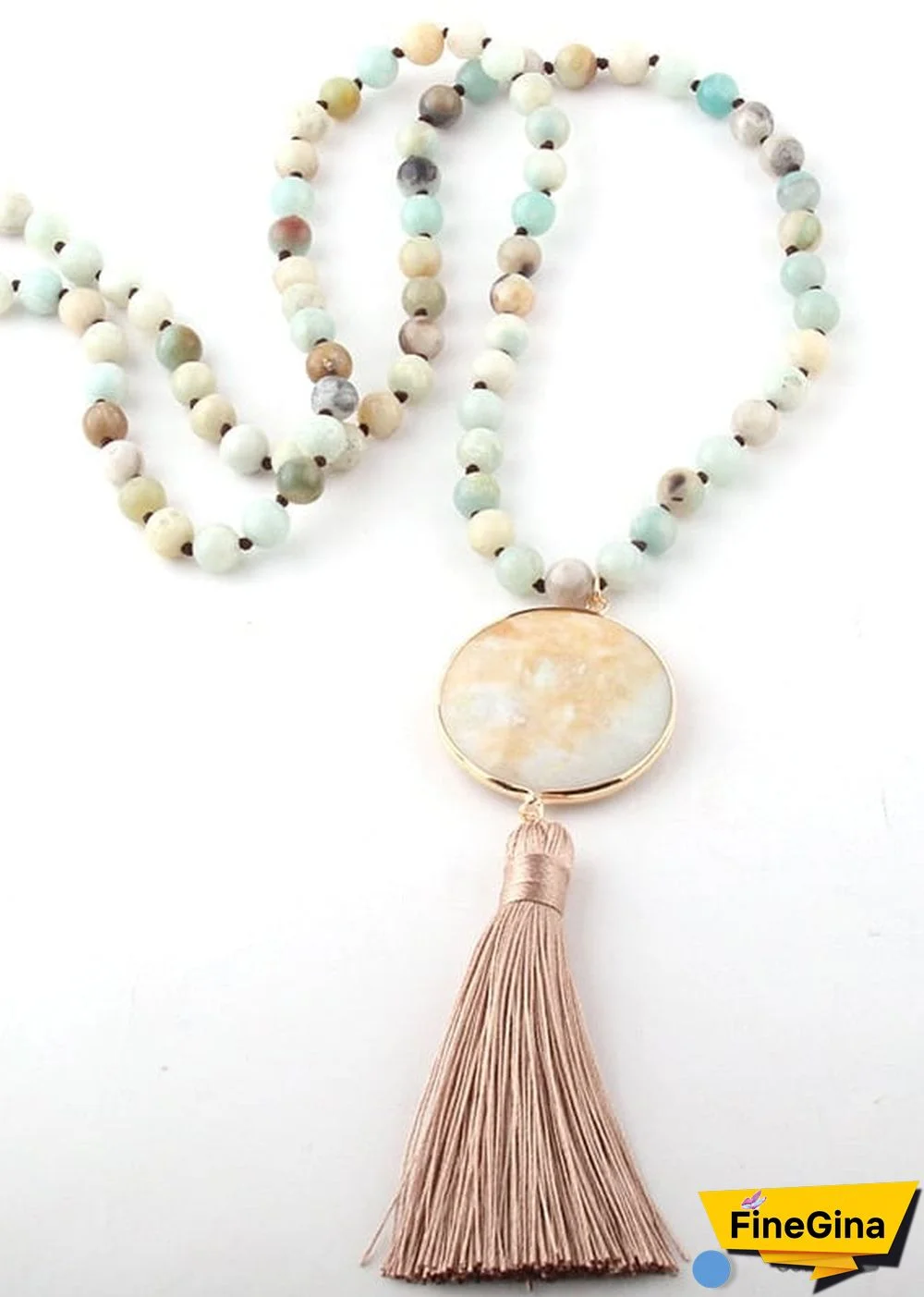 Boho Necklace, RH Amazonite Jasper, Circle Tassel Green White Natural Stone