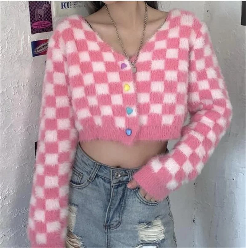 Korean Style Mohair Pink Knitted Cardigans Women Casual Long Sleeve Argyle Cropped Cardigans Coat Knitted Sweaters