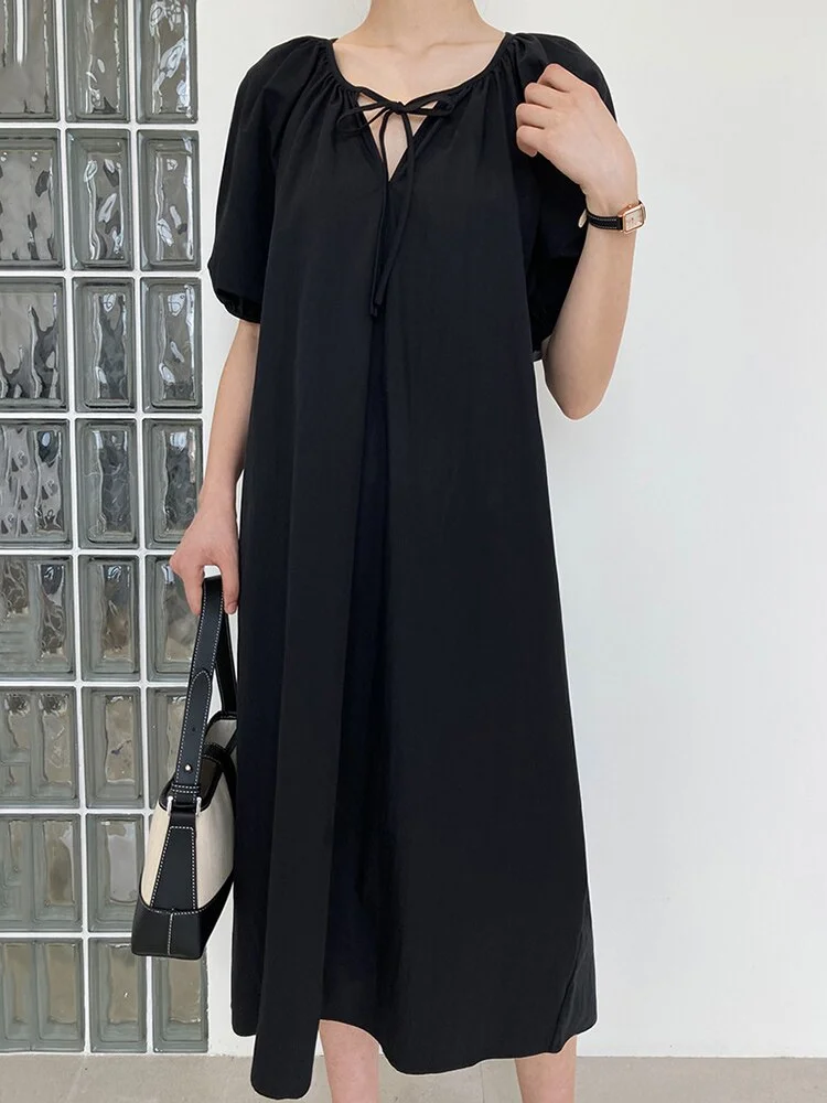 French Loose Yellow V-neck Lace-up Puff Sleeve Dress