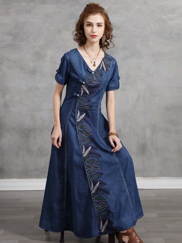 Original Asymmetric Embroidered Loose Short Sleeves Midi Dress