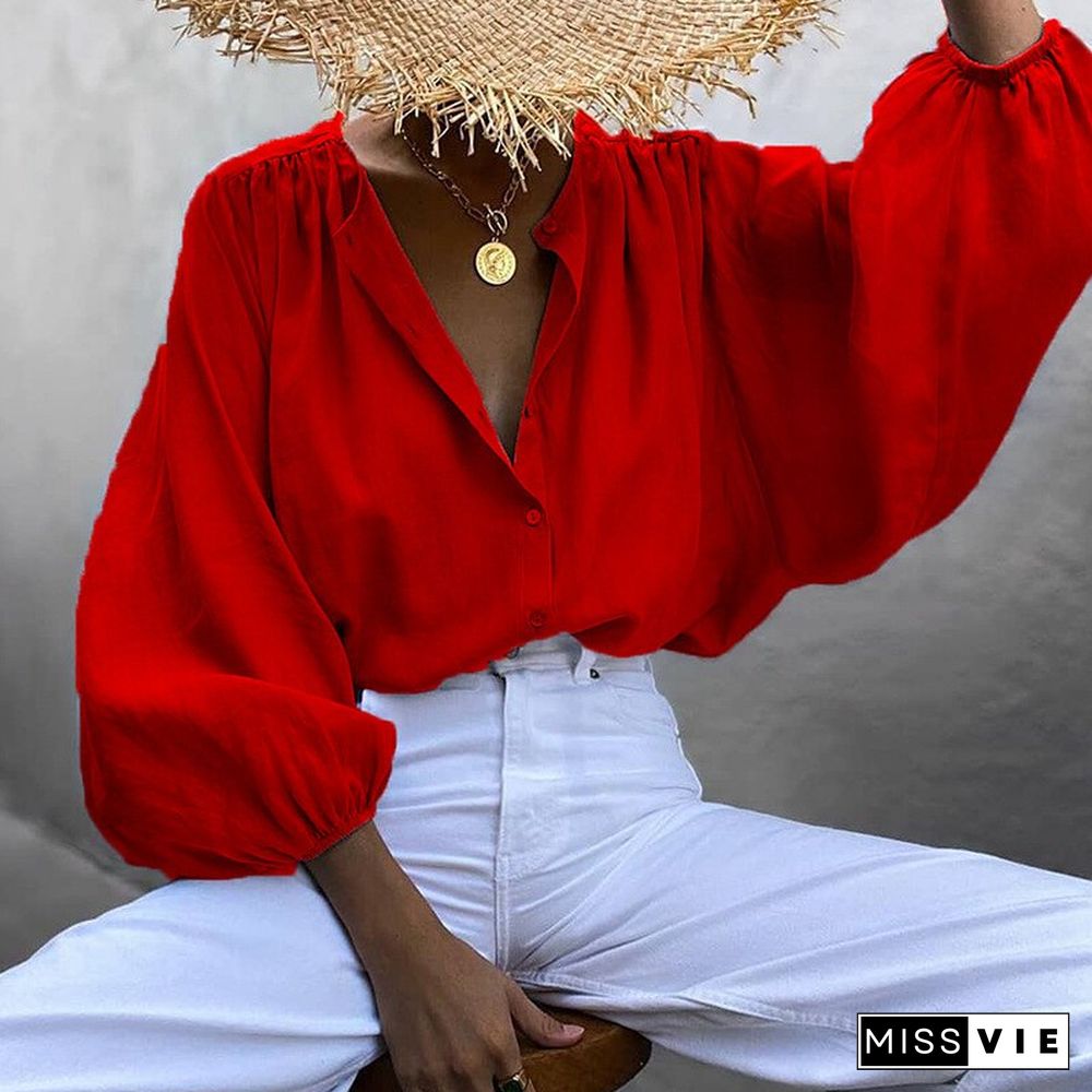 Chic New Women Lantern Sleeve Blouse Solid Color Elegant Fashion Round Collar Buttons Shirts Lady Plain Tops for Autumn Spring