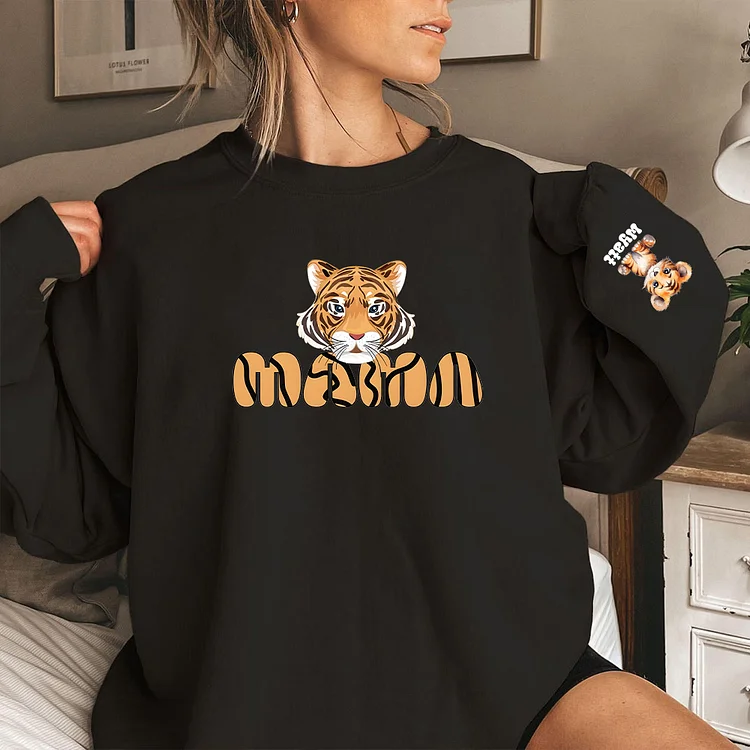 Mama Tiger Sweatshirt, Funny Mom Shirt, Mother's Day Sweatshirt, Mama with Kid Name on Sleeve Sweatshirt