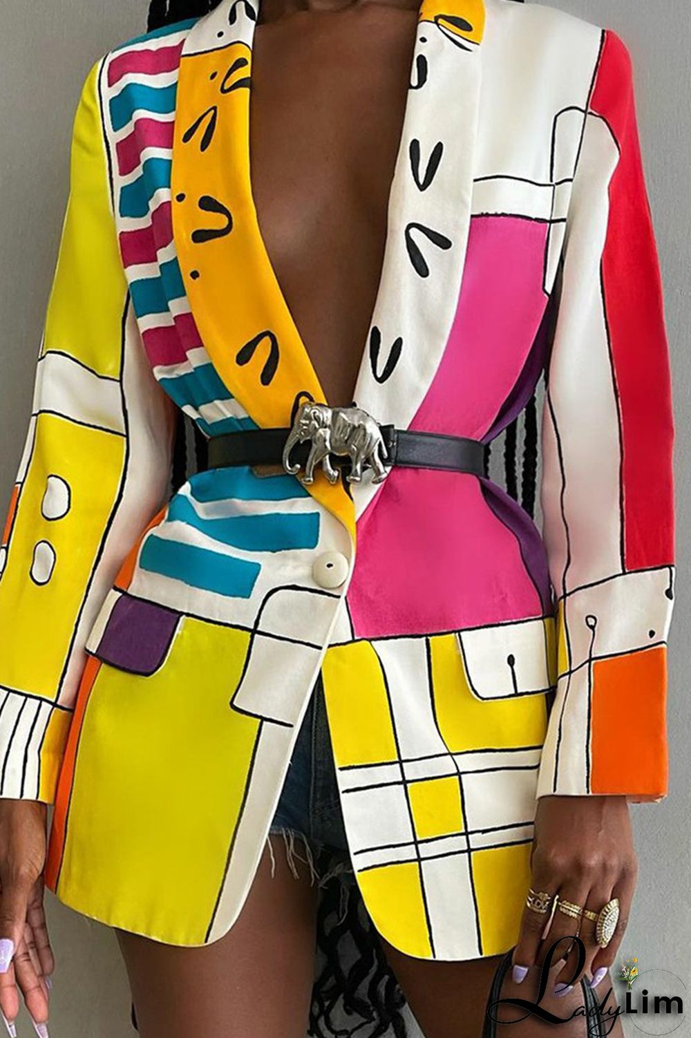 Multicolor Fashion Casual Print Patchwork Turn-back Collar Outerwear (Without Belt)