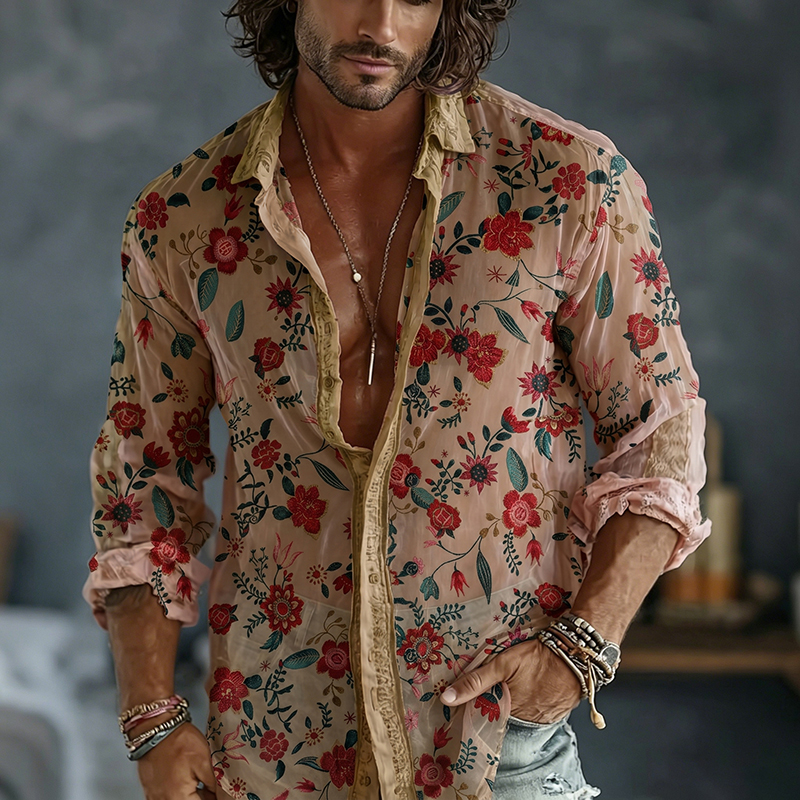 Comstylish Men's Retro Japanese Sashiko Art Print Flowy Linen Blend Shirt