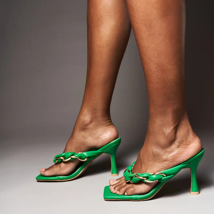 Green Square Toe Office Mules with Metal Chain Heels Vdcoo